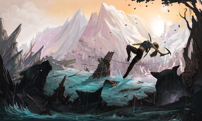 Lara Croft from Tomb Raider in a stormy landscape
