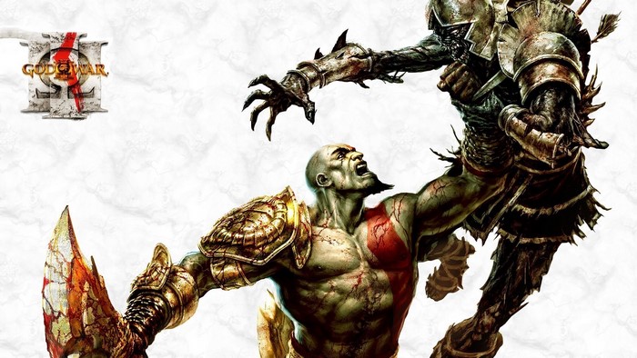 Kratos from God of War fighting a monster
