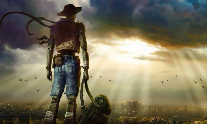 Robot with hat overlooking a city