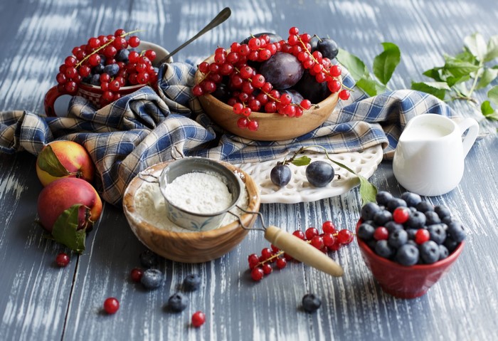 Berries, Plums, and Nectarines with Flour and Milk