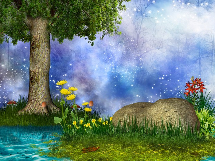 Fantasy forest with a large tree, flowers, and a rock