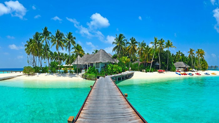 Tropical island with palm trees, bungalows, and a wooden pier