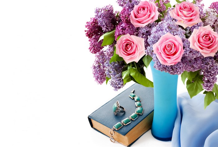 Pink Roses and Lilac Bouquet with Jewelry on Book