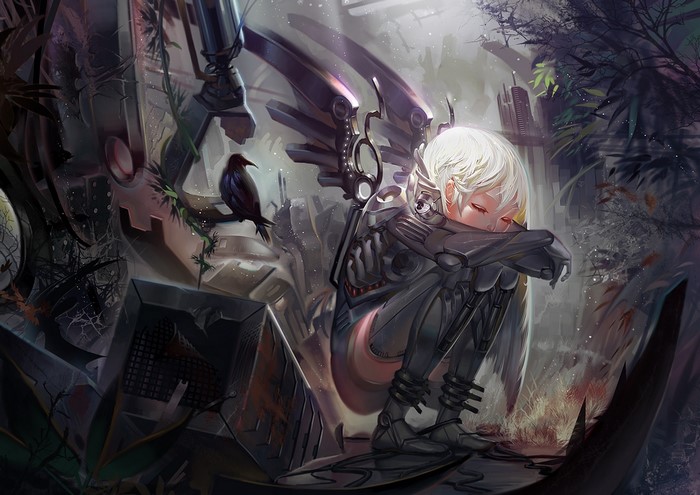 Girl with mechanical wings and crow in ruins