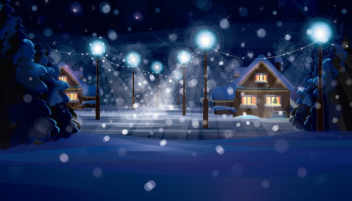 Winter Village at Night with Street Lights and Snow