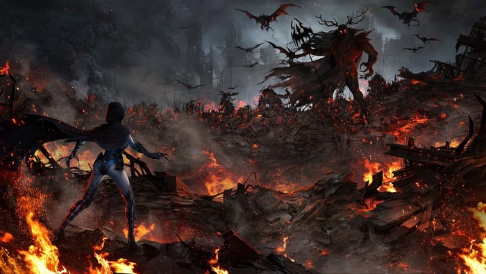 Raven facing a demon lord in a fiery wasteland