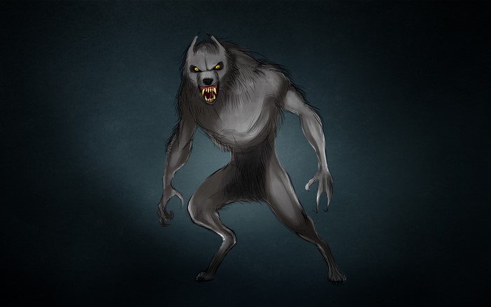A menacing werewolf with yellow eyes and sharp teeth