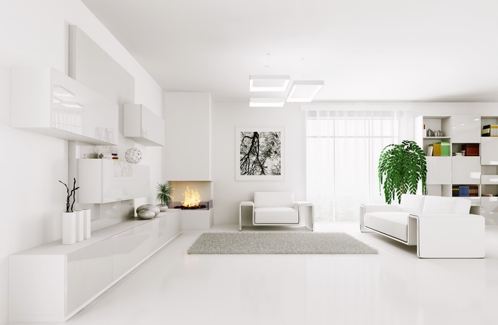 Modern White Living Room with Fireplace and Furniture