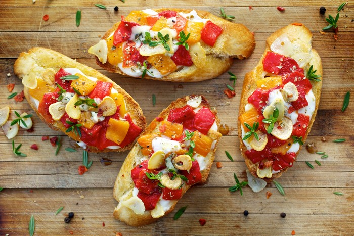 Bruschetta with roasted peppers and cheese