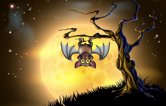 Cartoon Bat Hanging from Tree Branch Under Full Moon
