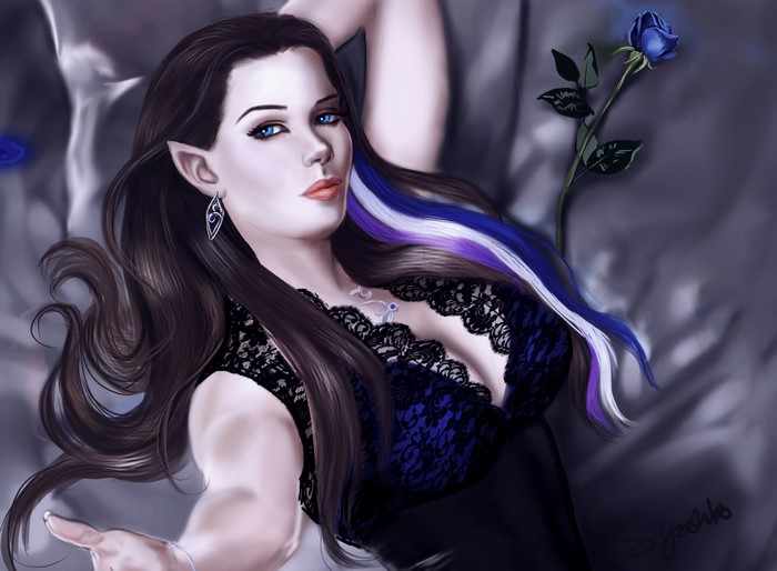 Elf woman with blue eyes and purple streaks in hair
