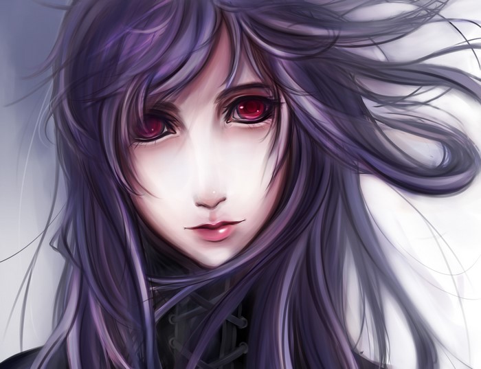 Anime girl with purple hair and red eyes