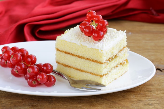 Slice of cake with currants on a plate