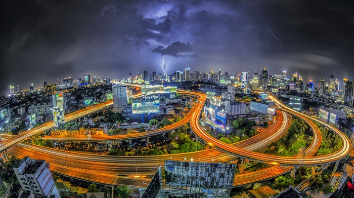 Bangkok Megapolis at Night with Lightning