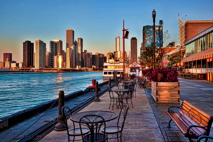 Chicago Skyline and Riverfront Cafe