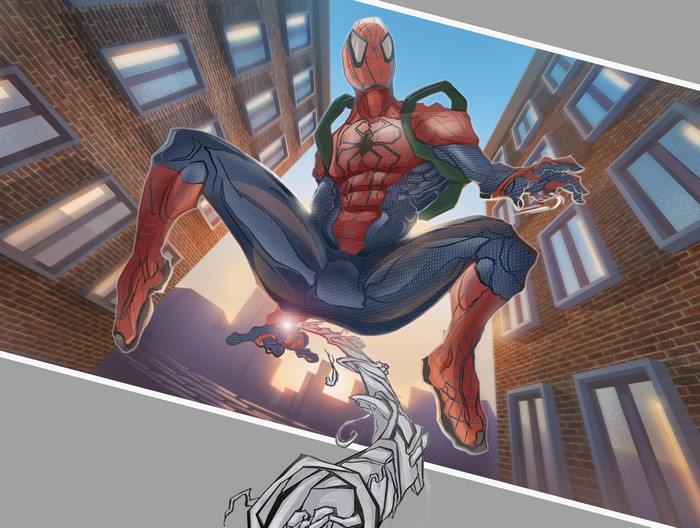 Spiderman swinging between buildings at sunset