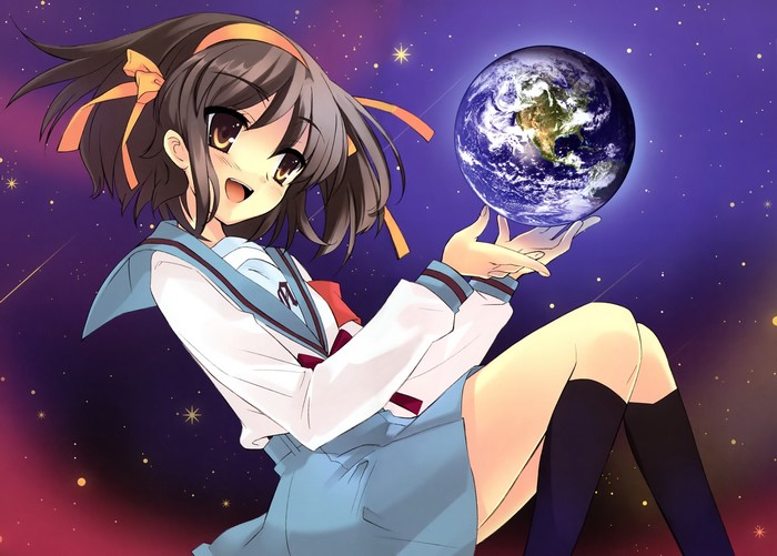 Haruhi Suzumiya holding Earth in space