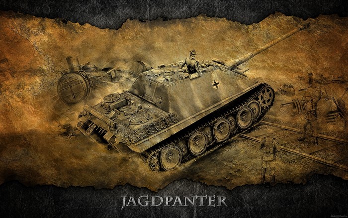Jagdpanther tank with soldiers and destroyed vehicle
