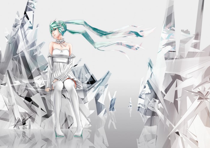 Hatsune Miku from Vocaloid sitting among ice crystals