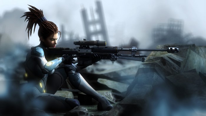 Sarah Kerrigan from StarCraft with a sniper rifle