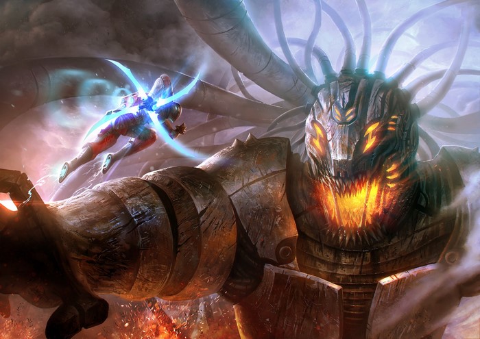 Warrior fighting a large monster