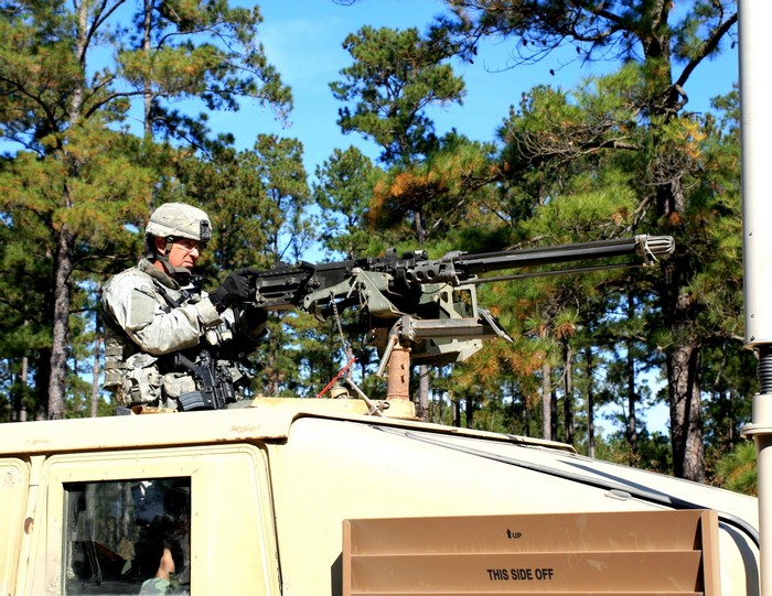 Soldier operating a mounted machine gun on a vehicle