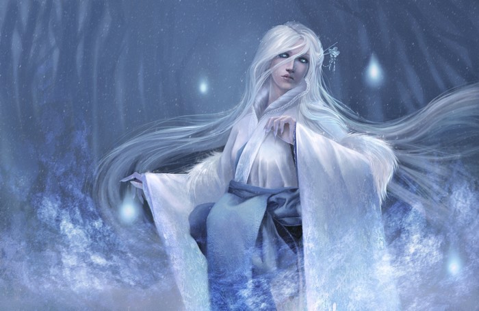 Yuki-onna in a snowy forest with glowing orbs