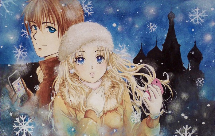 Couple in winter with Russian architecture