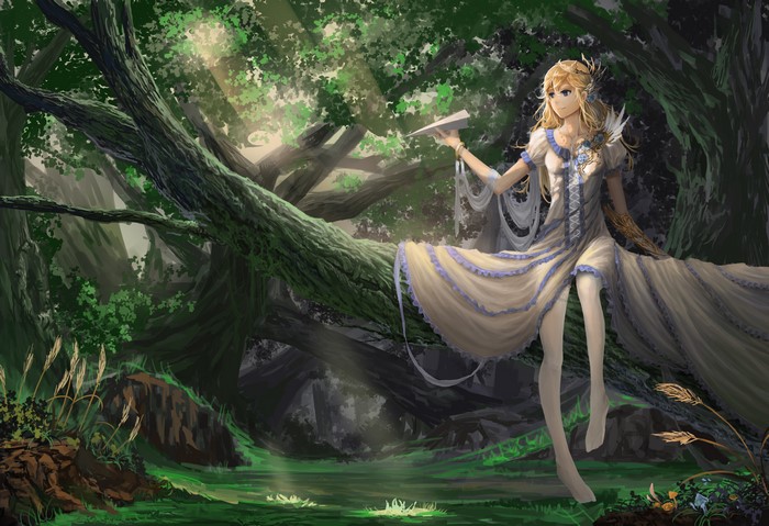 Anime girl in a dress sitting on a tree branch in a forest