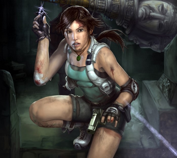 Lara Croft from Tomb Raider holding a relic