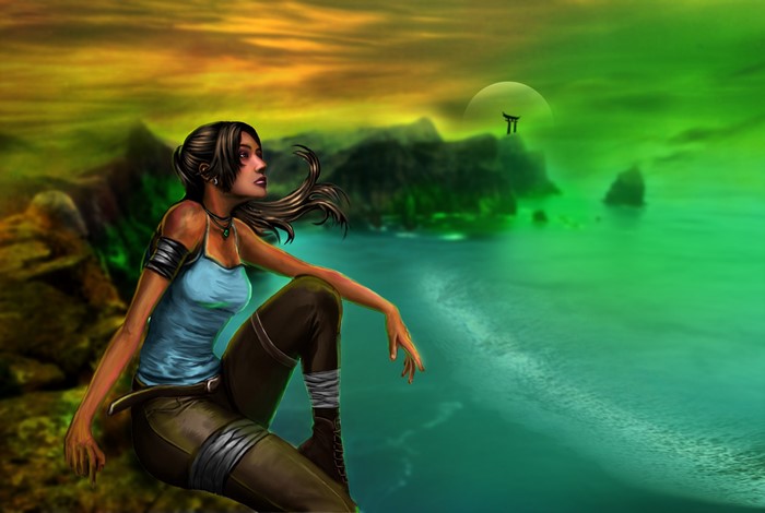 Lara Croft from Tomb Raider sitting on a cliff