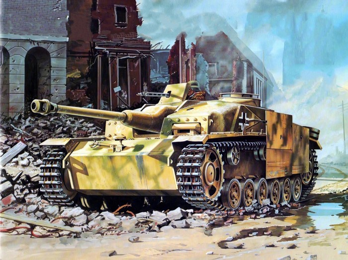 Sturmgeschutz III Tank in Urban Combat Scene