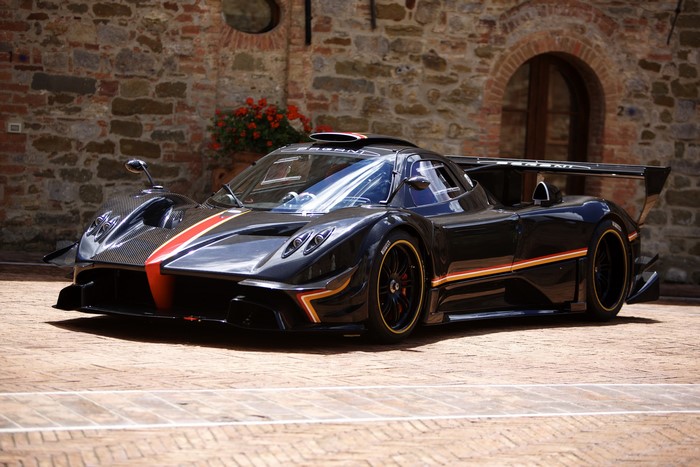 Black Pagani Zonda Revolucion with racing stripes