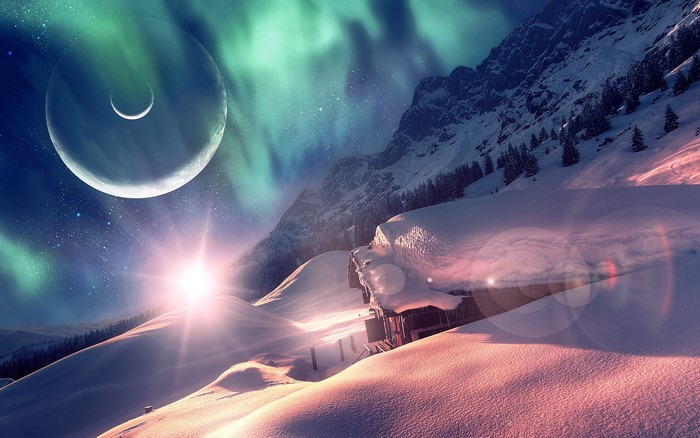 Winter landscape with aurora and planet