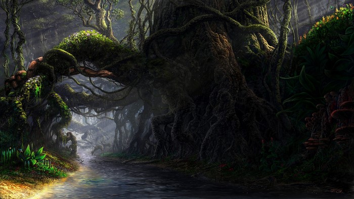 Mystical forest with a winding stream and ancient trees