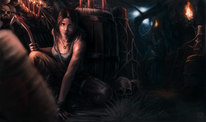 Lara Croft from Tomb Raider in a dark cave