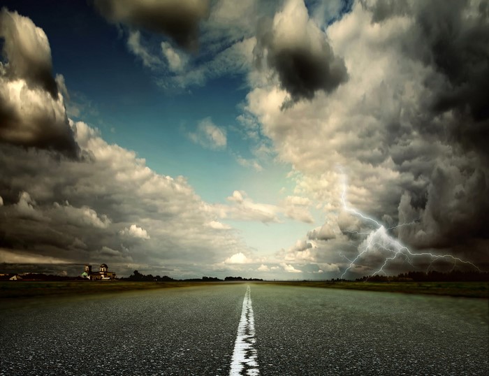 Road with Stormy Sky and Lightning