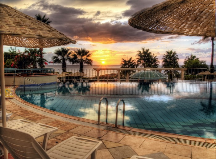Resort pool at sunset in Kusadasi, Turkey