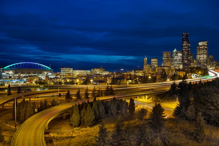 Seattle Skyline and Stadium at Night