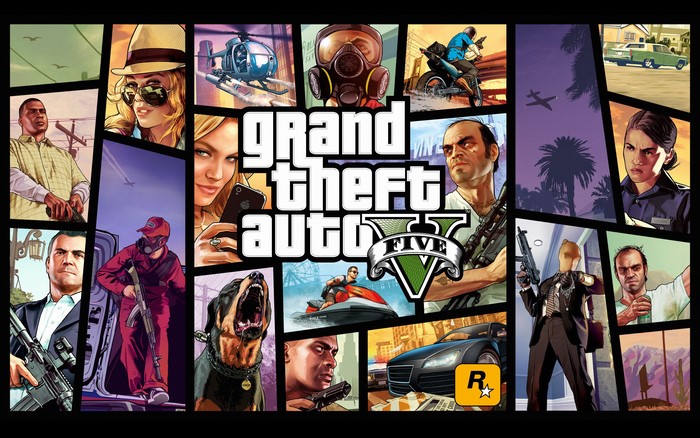 Grand Theft Auto V collage with characters and vehicles