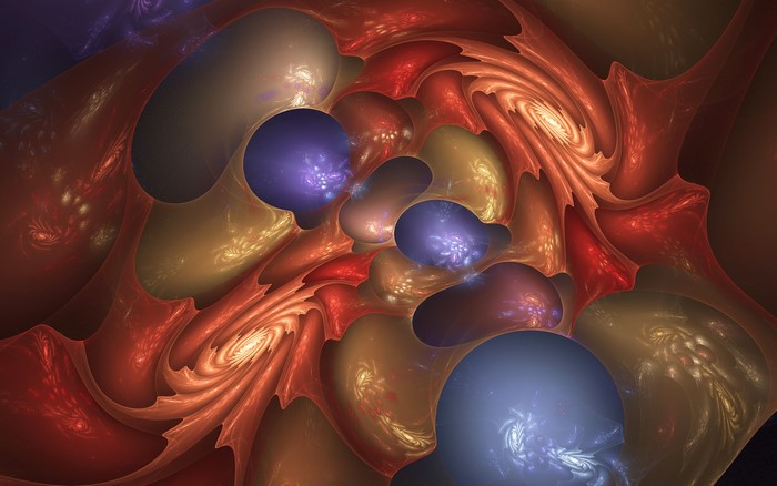 Abstract fractal art with swirling patterns and glowing orbs