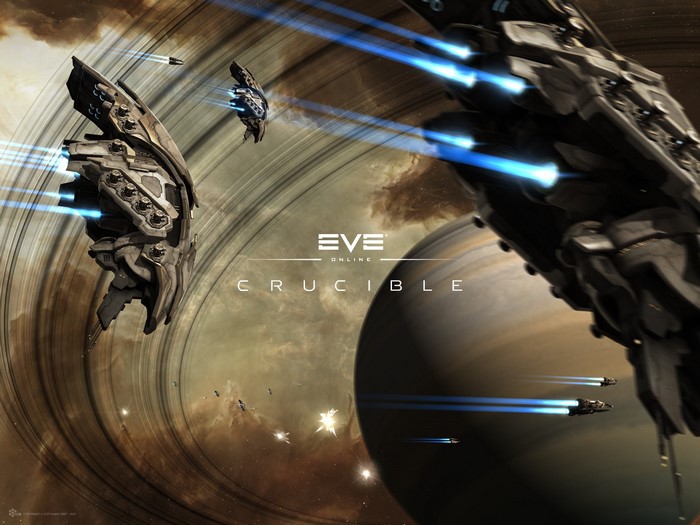 EVE Online Crucible spaceships near a ringed planet
