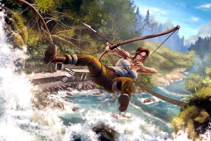 Lara Croft from Tomb Raider with a bow and arrow