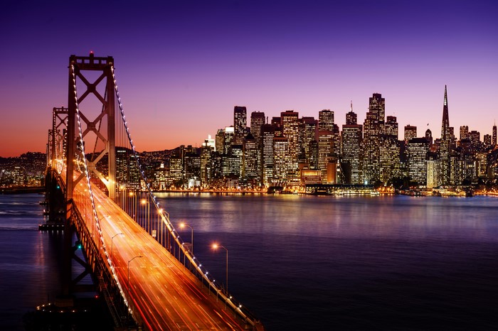 San Francisco Bay Bridge and Skyline at Night