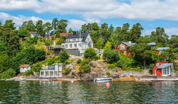 Houses on a rocky shore in Stockholm, Sweden