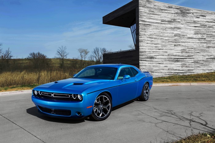 Blue 2015 Dodge Challenger parked near a modern building