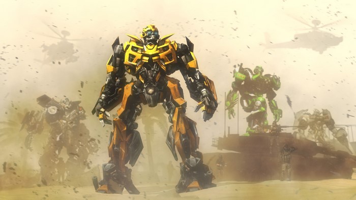 Bumblebee and other Transformers in a desert battle