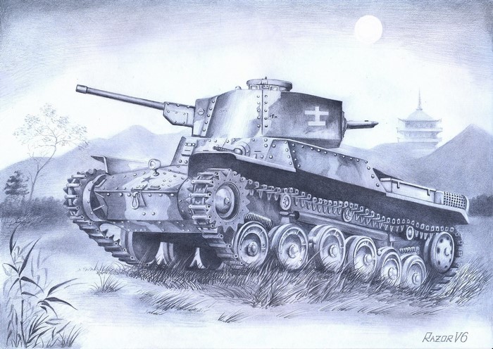 Pencil drawing of a Japanese Type 97 Chi-Ha tank