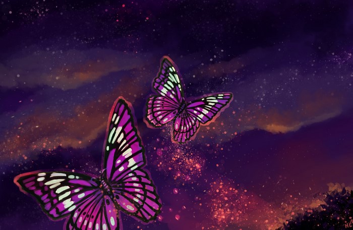 Two purple butterflies in a starry night sky