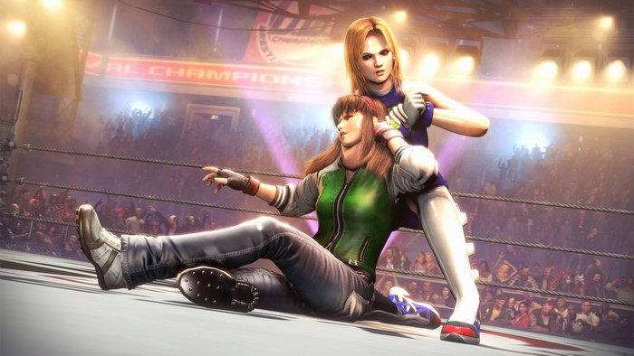 Hitomi and Tina Armstrong from Dead or Alive in a wrestling ring